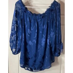 White House Black Market Blue Burn-Out Off Shoulder Floral Lined Top L